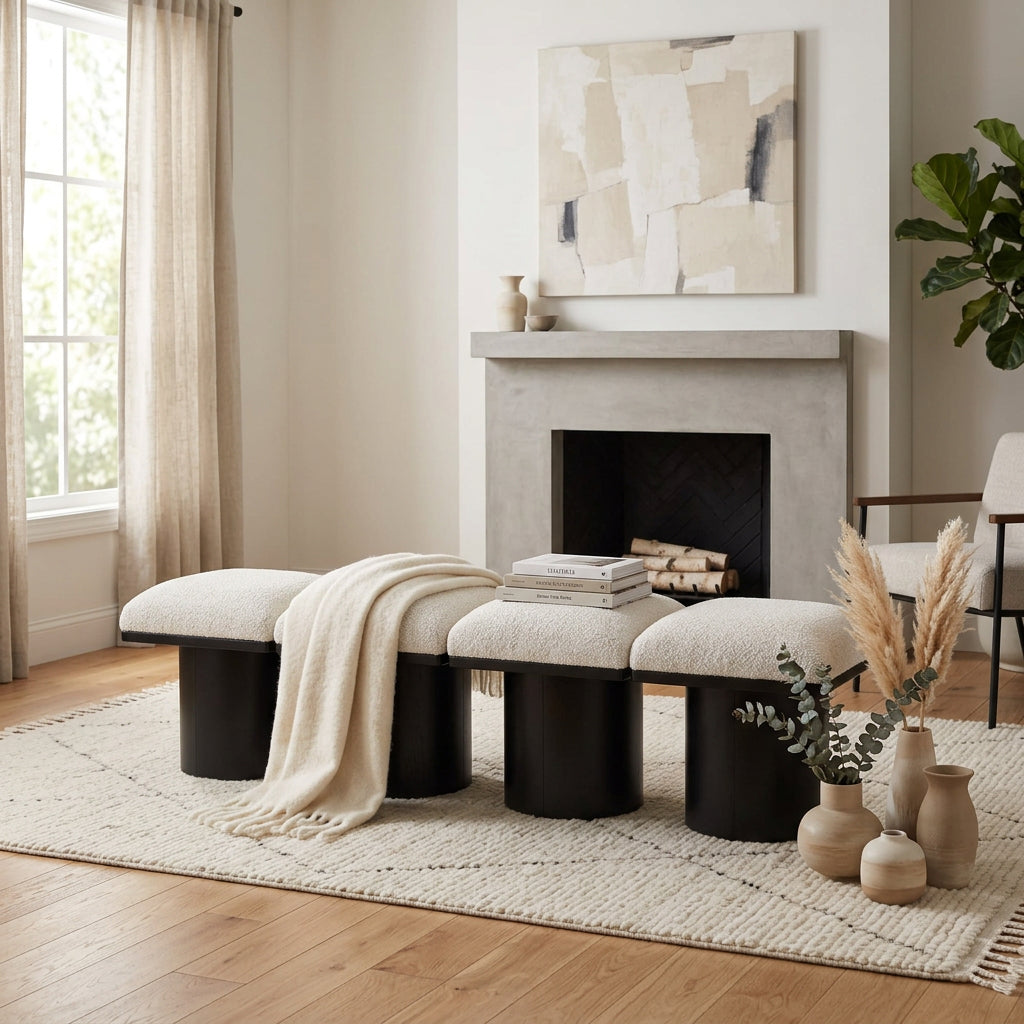 Pavilion Cream Boucle Fabric Upholstered 4 Piece Modular Bench