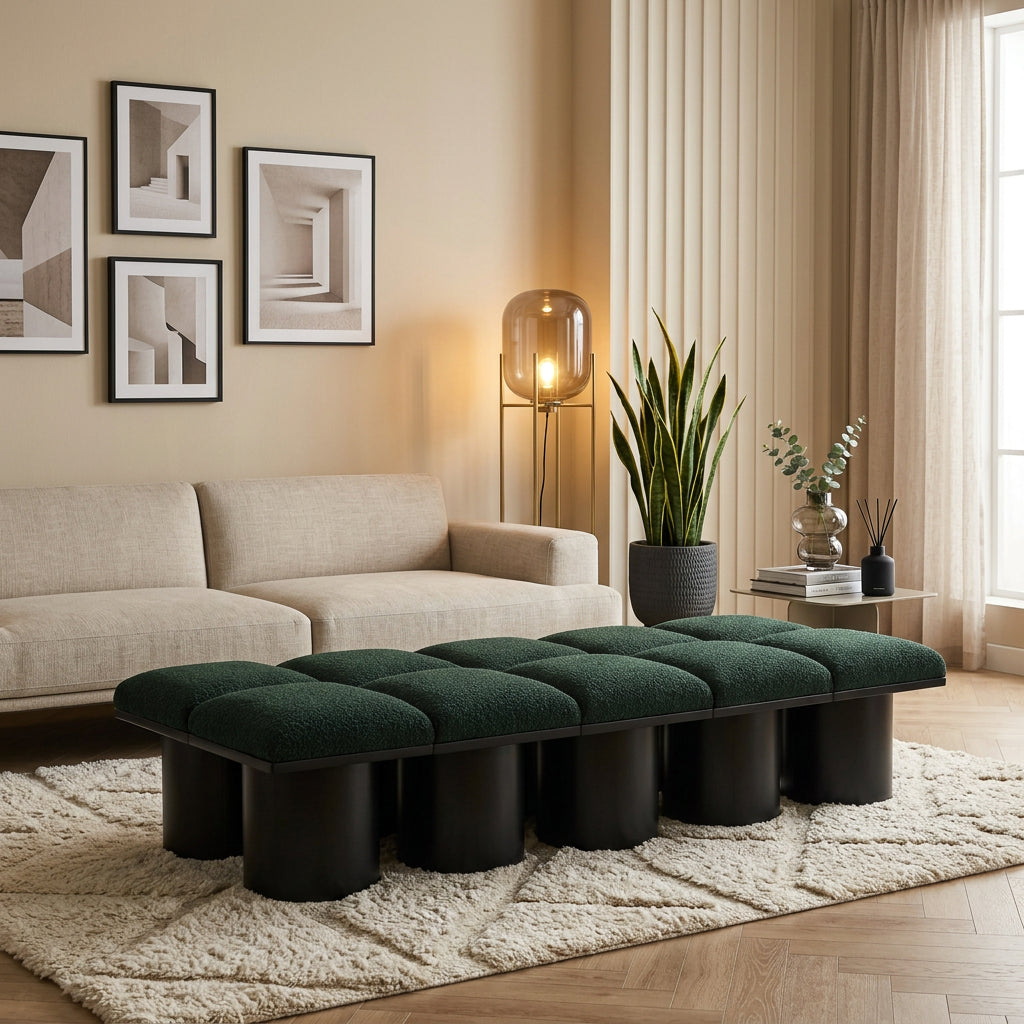 Pavilion Green Boucle Fabric Upholstered 10 Piece Modular Bench