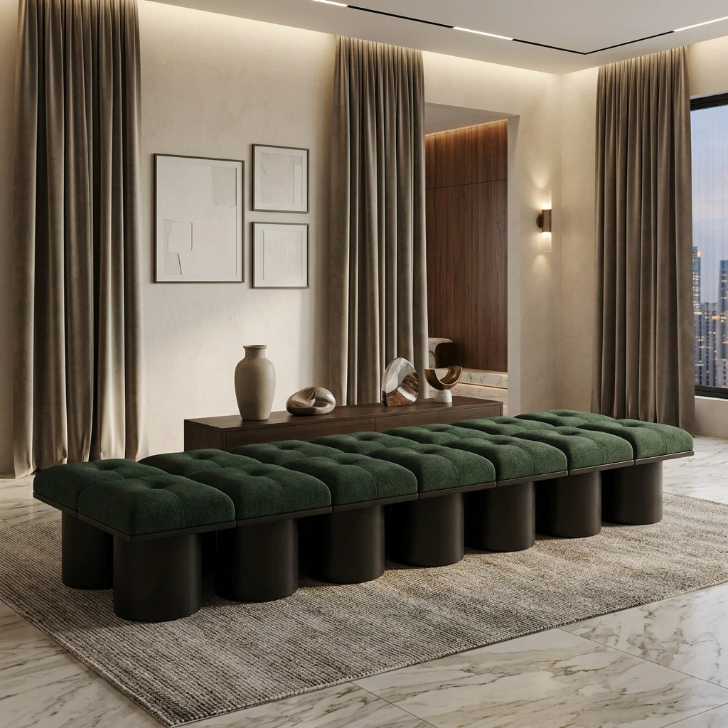 Pavilion Green Boucle Fabric Upholstered 14 Piece Modular Bench
