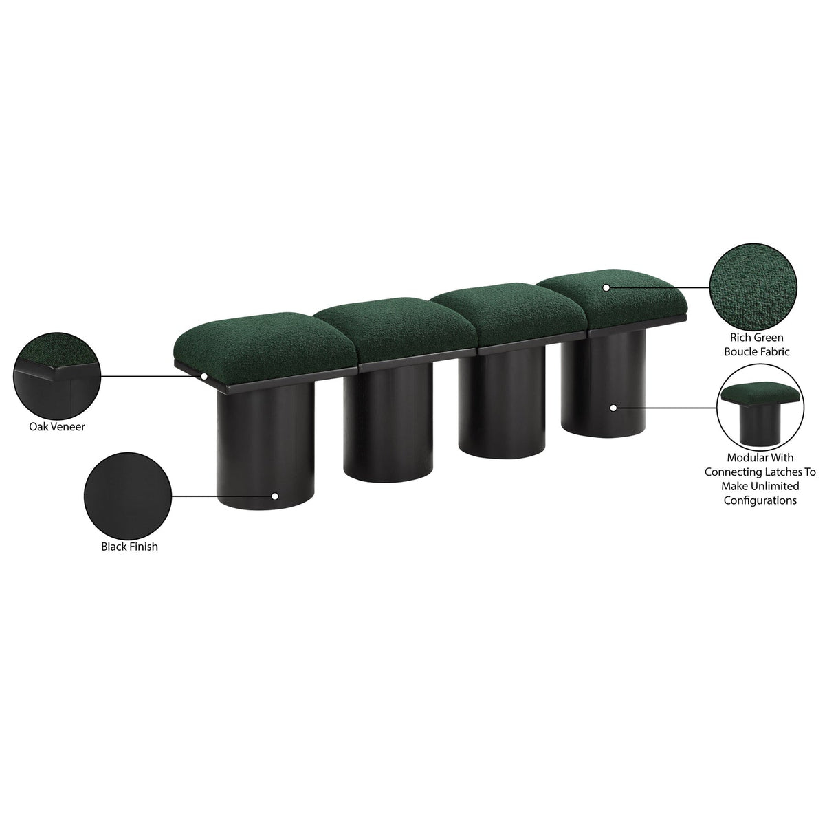 Pavilion Green Boucle Fabric Upholstered 4 Piece Modular Bench