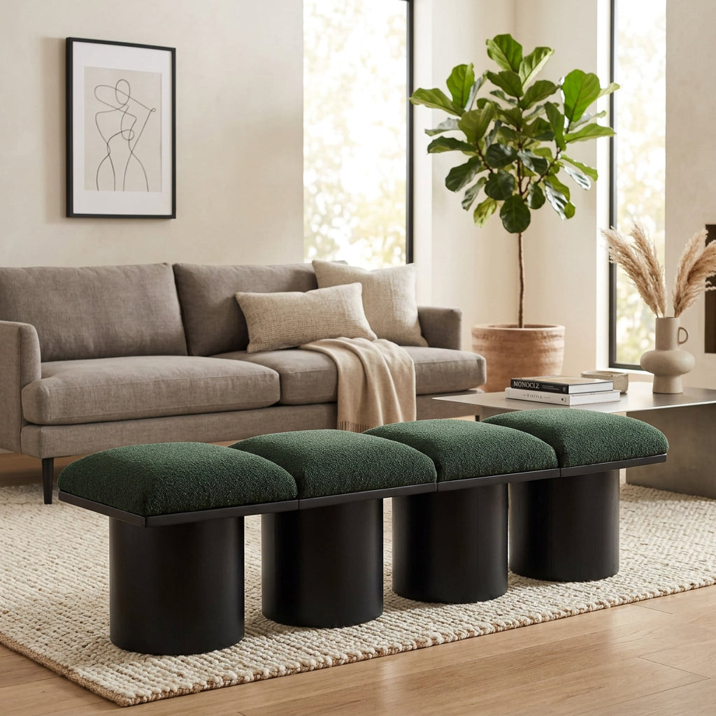 Pavilion Green Boucle Fabric Upholstered 4 Piece Modular Bench