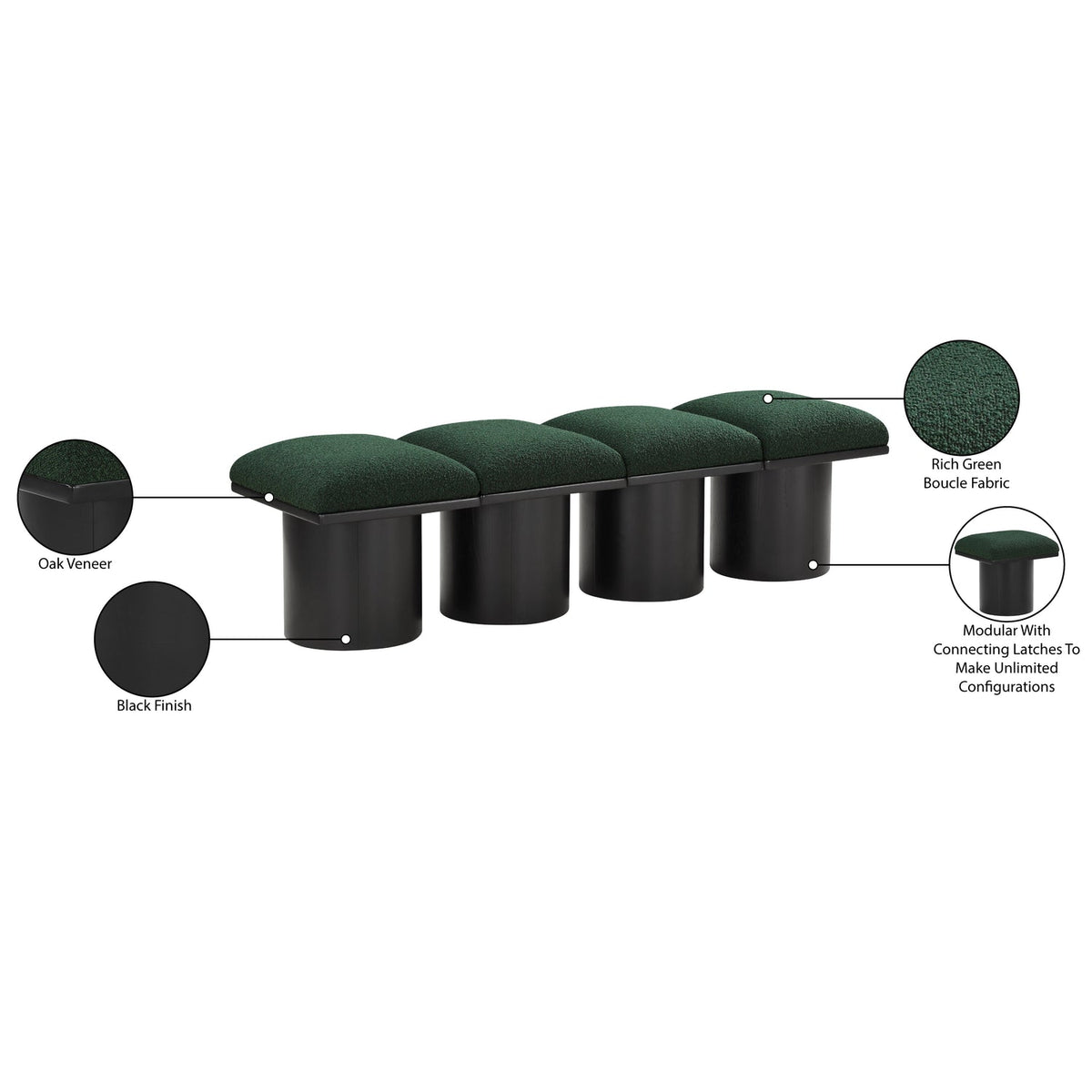 Pavilion Green Boucle Fabric Upholstered 4 Piece Modular Bench