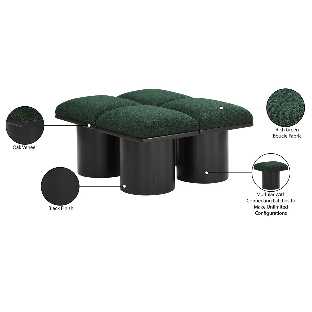 Pavilion Green Boucle Fabric Upholstered 4 Piece Modular Bench