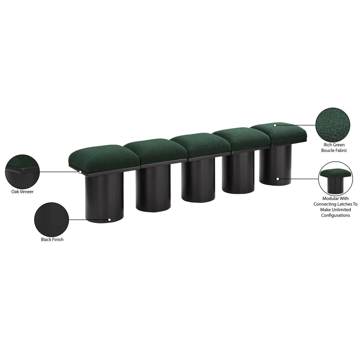 Pavilion Green Boucle Fabric Upholstered 5 Piece Modular Bench