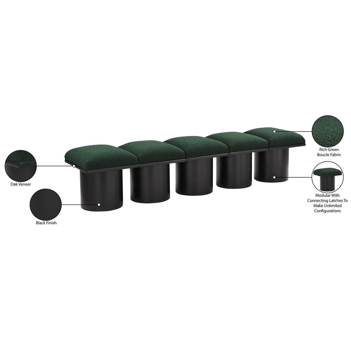 Pavilion Green Boucle Fabric Upholstered 5 Piece Modular Bench