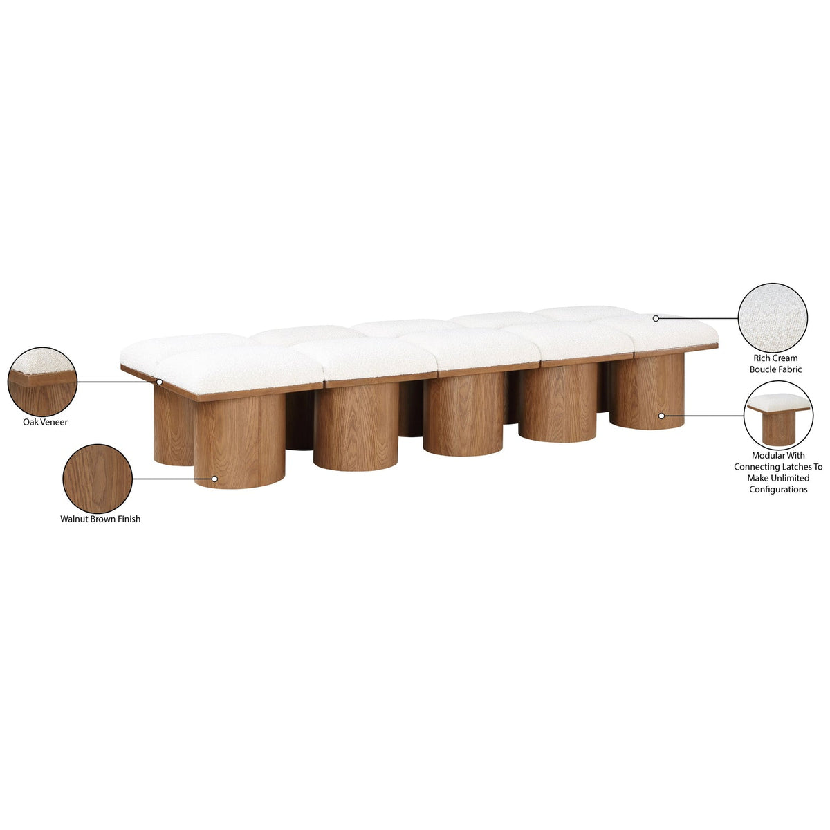 Pavilion Cream Boucle Fabric Upholstered 10 Piece Modular Bench