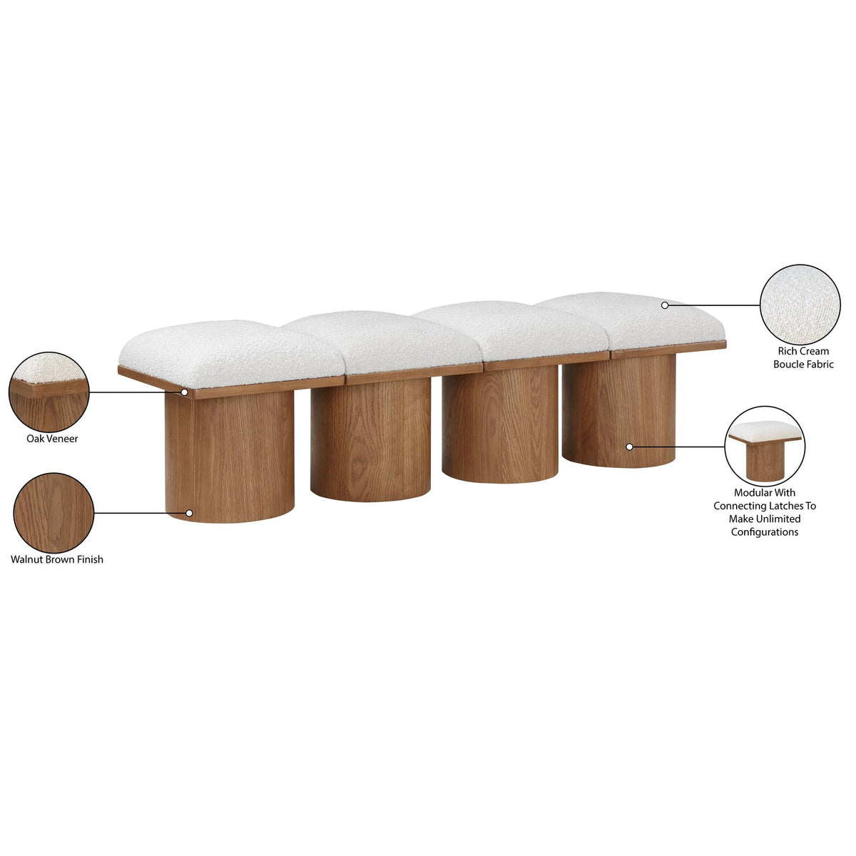 Pavilion Cream Boucle Fabric Upholstered 4 Piece Modular Bench