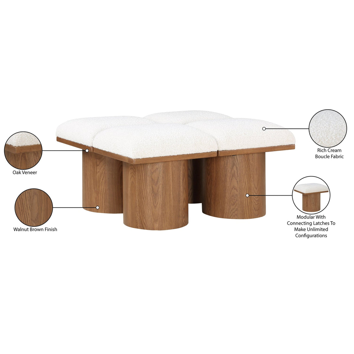 Pavilion Cream Boucle Fabric Upholstered 4 Piece Modular Bench