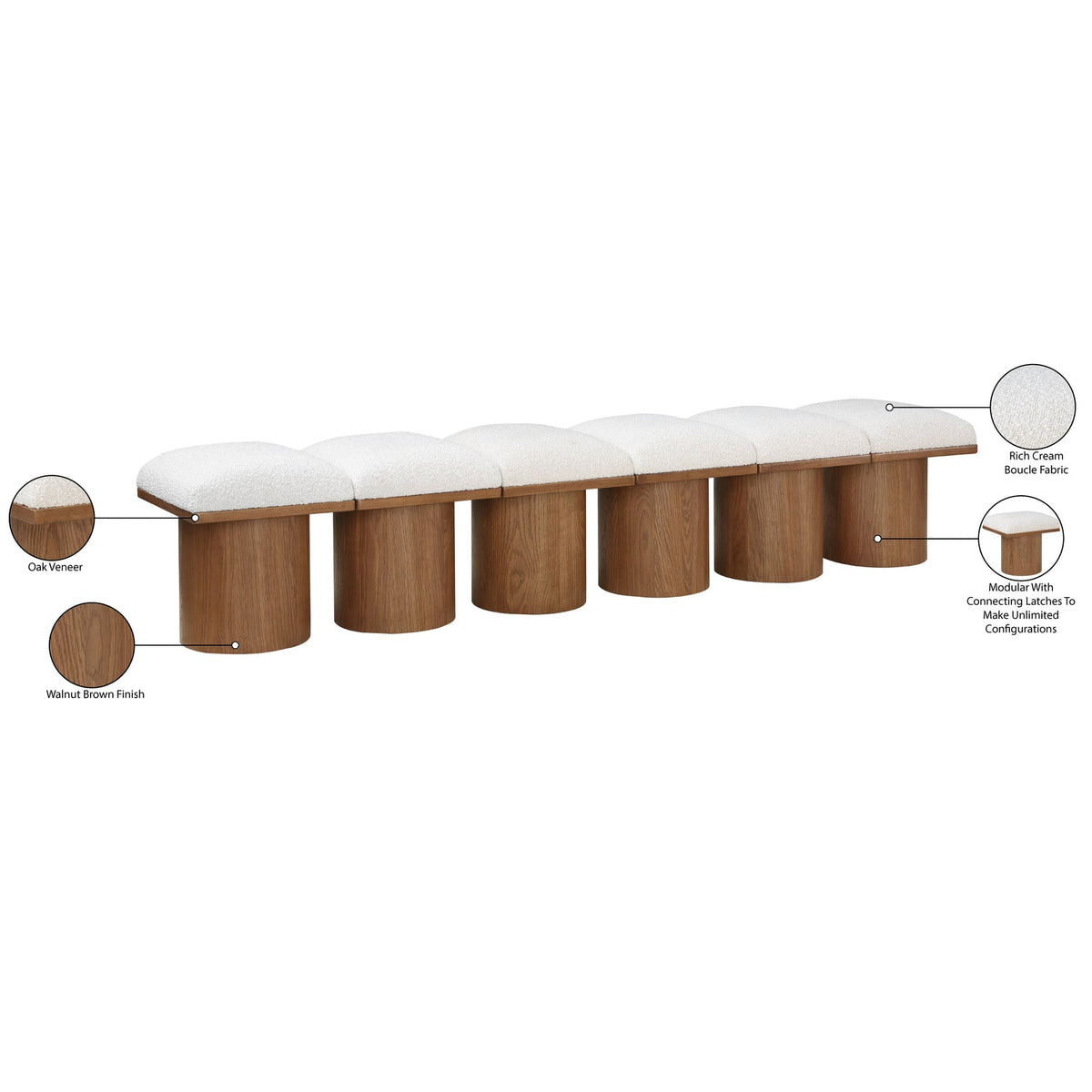 Pavilion Cream Boucle Fabric Upholstered 6 Piece Modular Bench