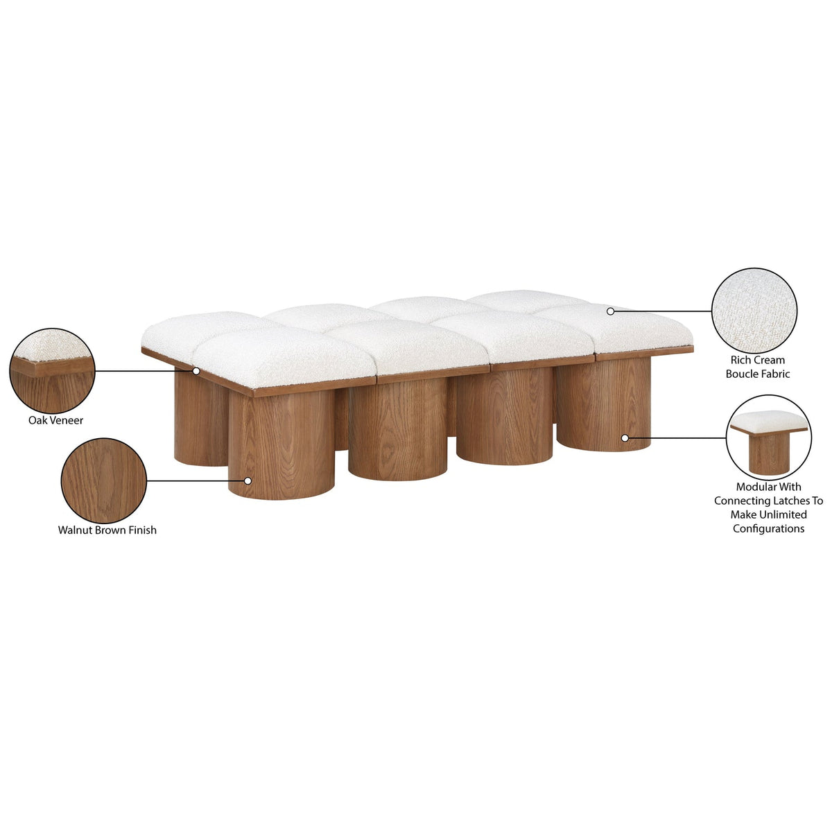 Pavilion Cream Boucle Fabric Upholstered 8 Piece Modular Bench