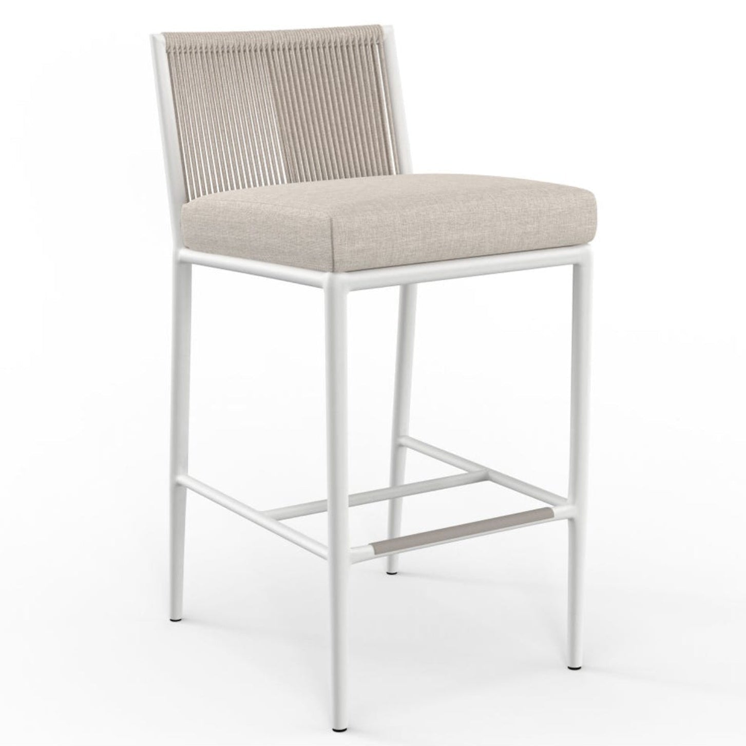 Sunset West Sabbia Echo Ash outdoor barstool in Satin White with linen rope, front view