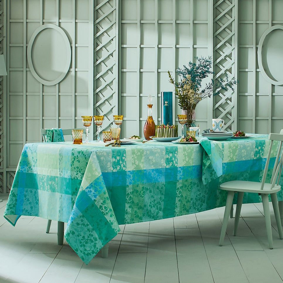 Garnier Thiebaut Mille Feuillages Turquoise Jacquard Tablecloth