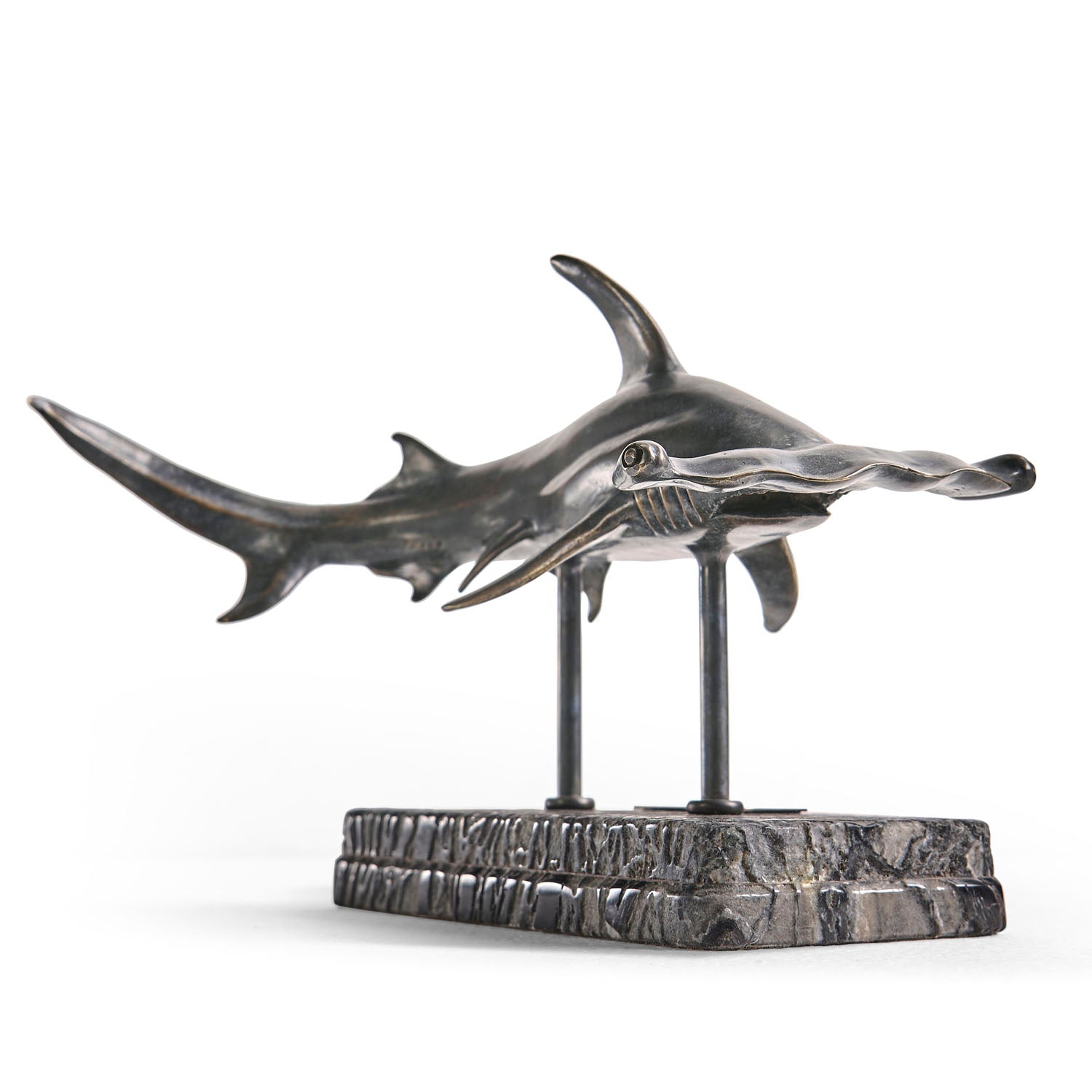 Jonathan Charles Arc Hammerhead Shark Bronze Statue with Marble Base