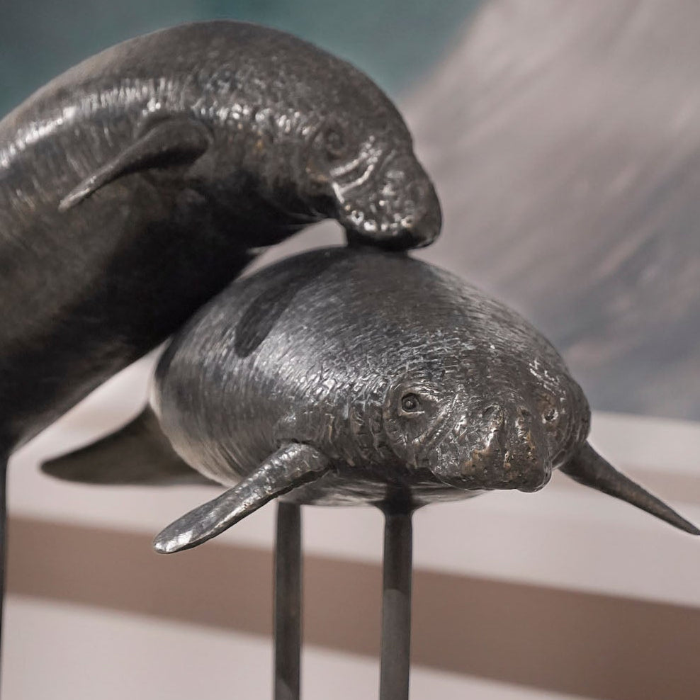 Jonathan Charles Raised Manatee Bronze Statue with Marble Base