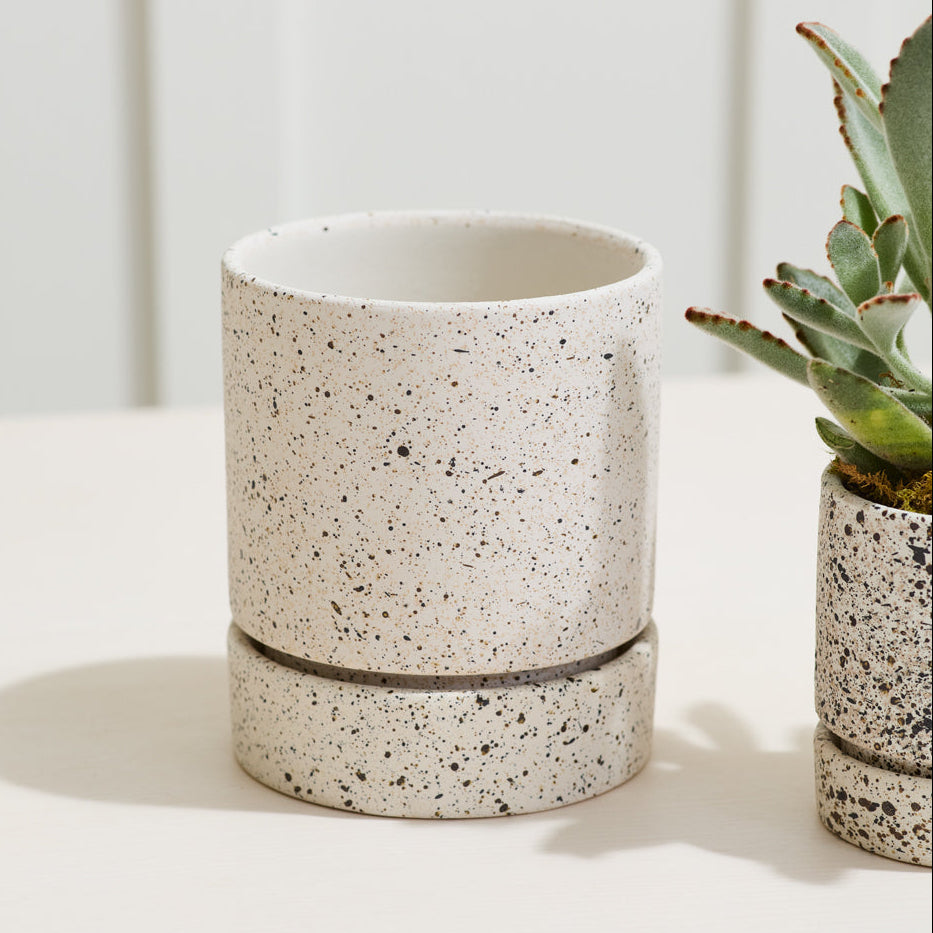 Nisha Pot additional view, off-white ceramic planter with saucer
