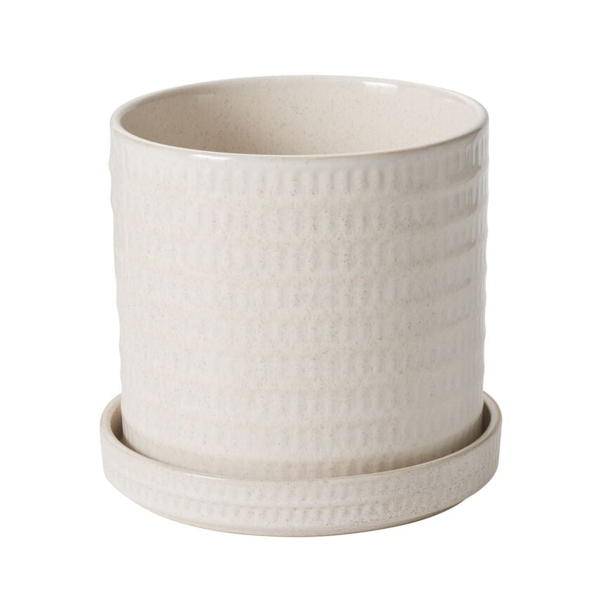 Morse Pot with Saucer detail view, warm white ceramic planter with saucer