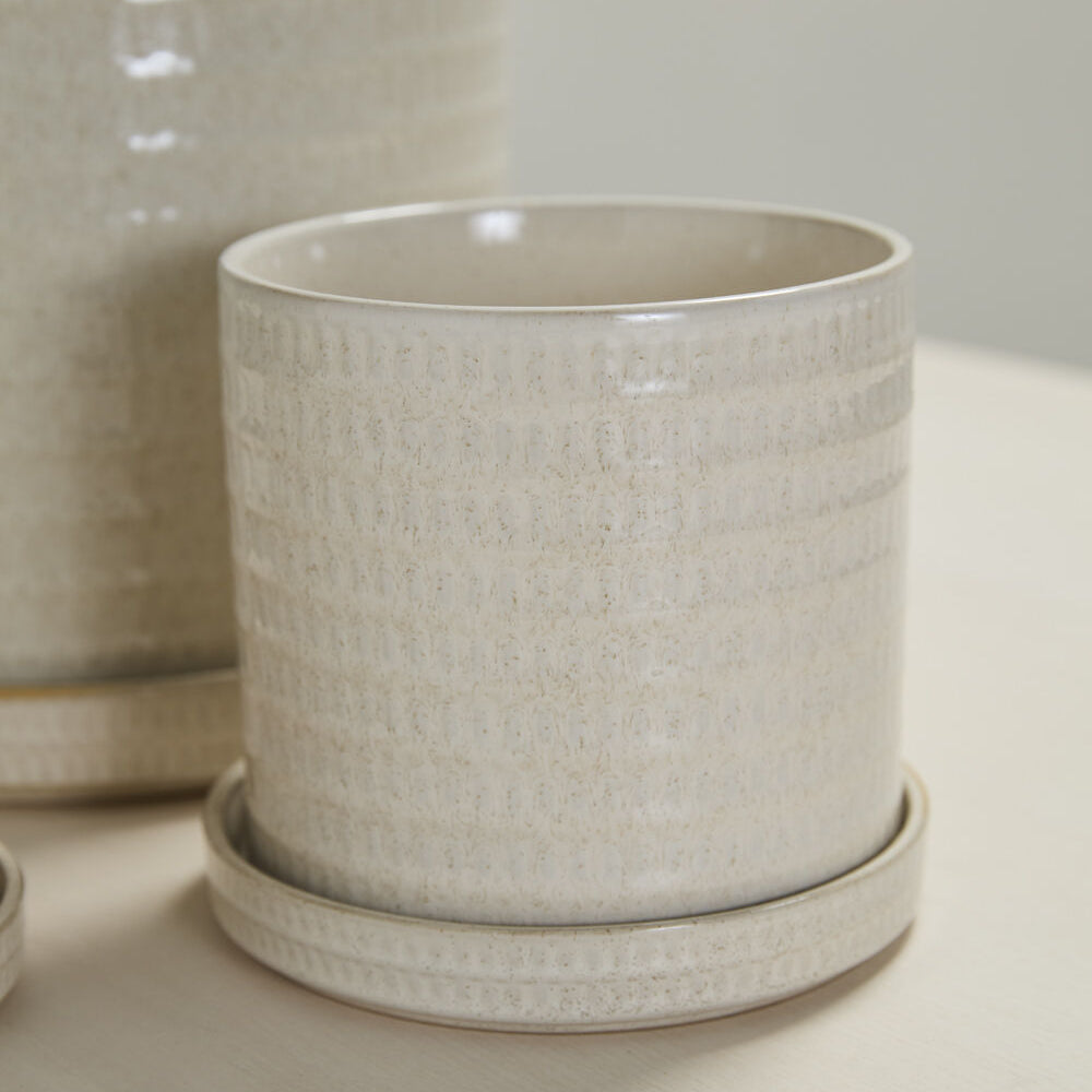 Morse Pot with Saucer additional view, warm white ceramic planter with saucer