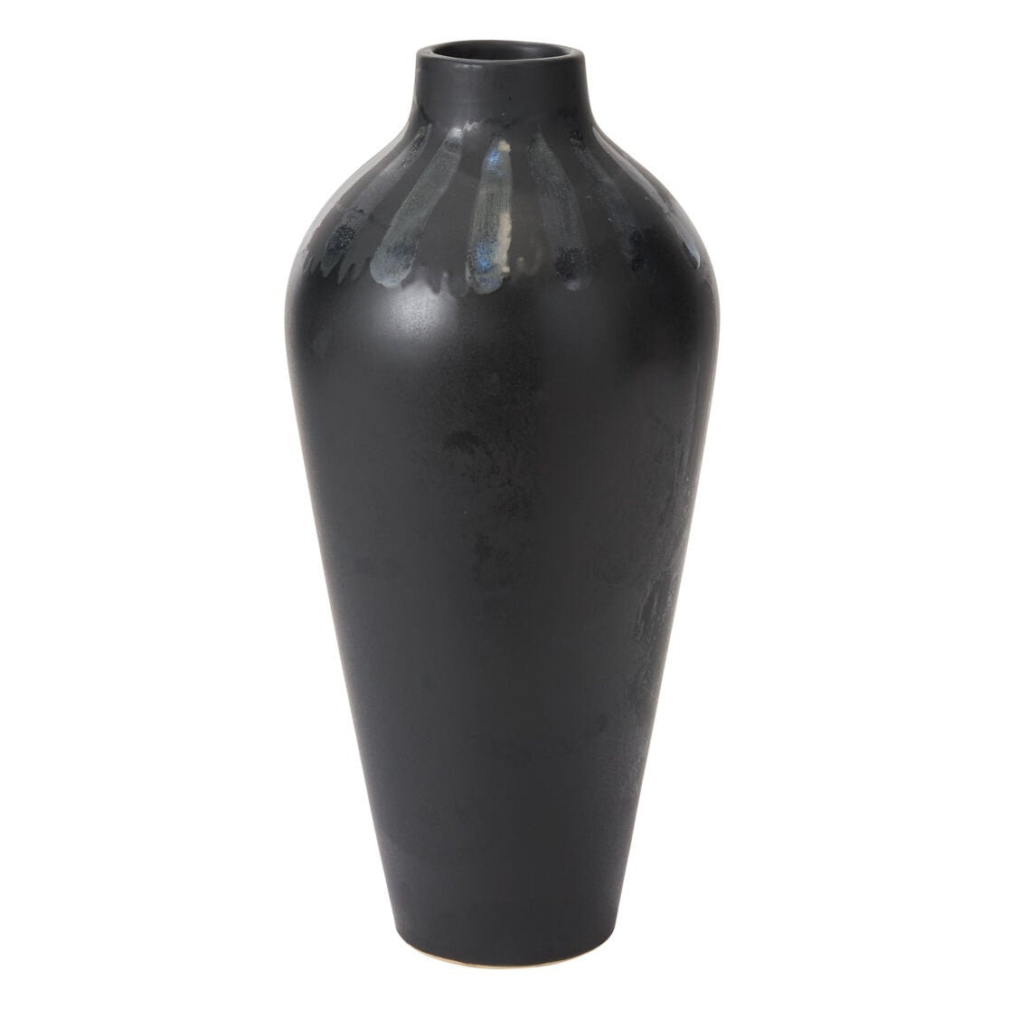 Inkblot Vase another view, black ceramic vase with blue stripes