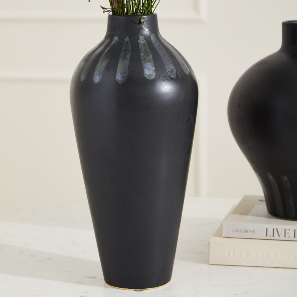 Inkblot Vase additional view, black ceramic vase with blue stripes