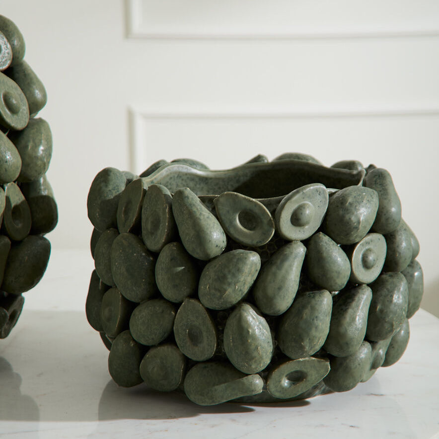 Layered Avocado Vessel additional view, dark green ceramic avocado vessel