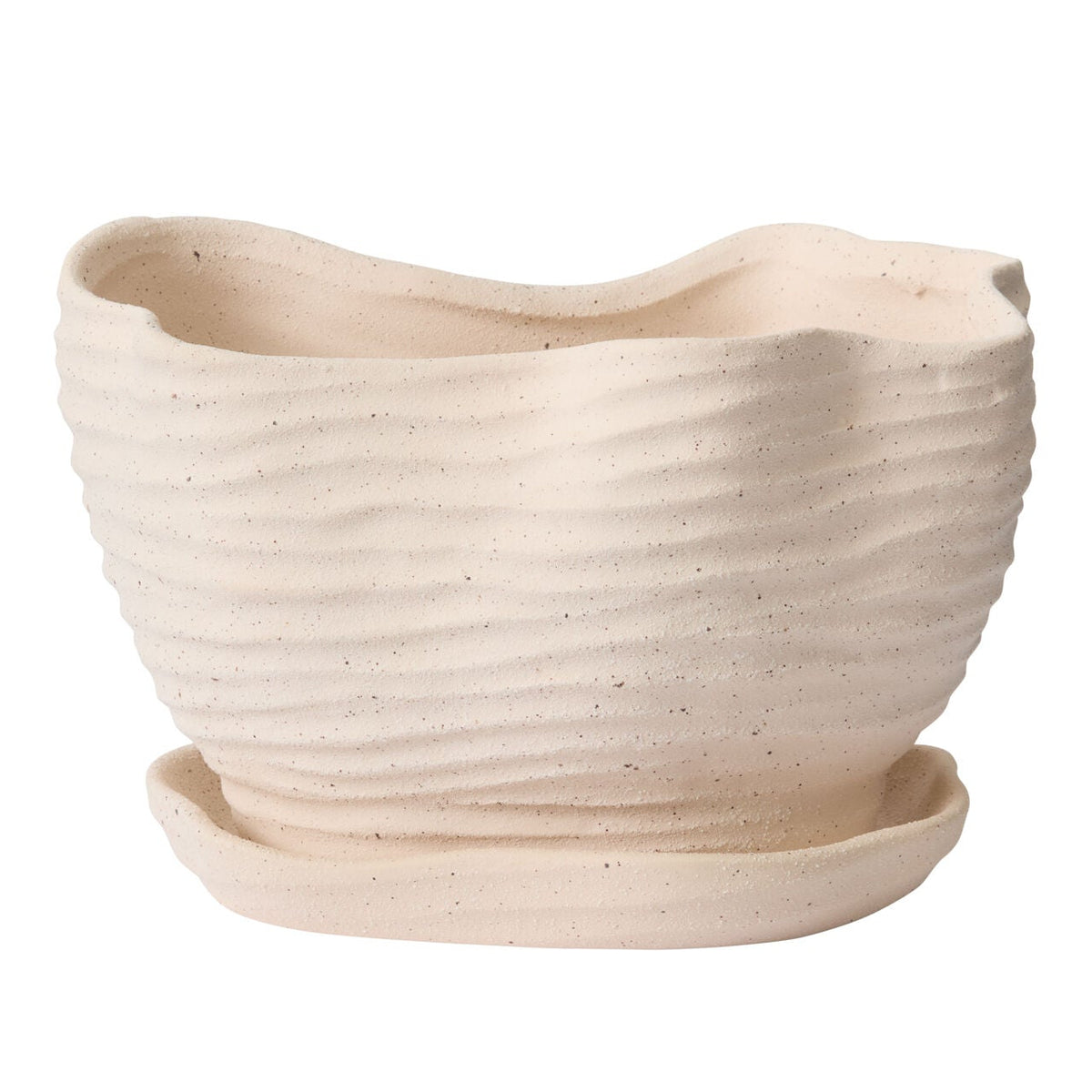 Highland Pot with Saucer close-up view, tan ceramic planter with saucer