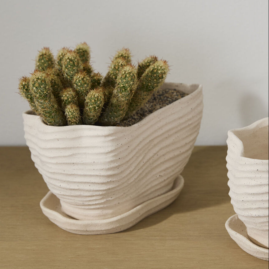 Highland Pot with Saucer another view, tan ceramic planter with saucer