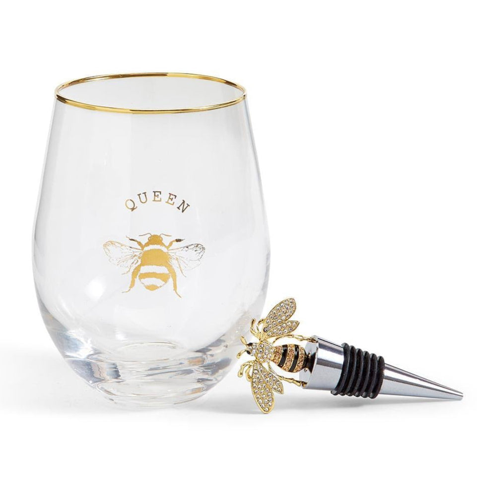 Bee Stemless Wine Glass & Wine Stopper Set
