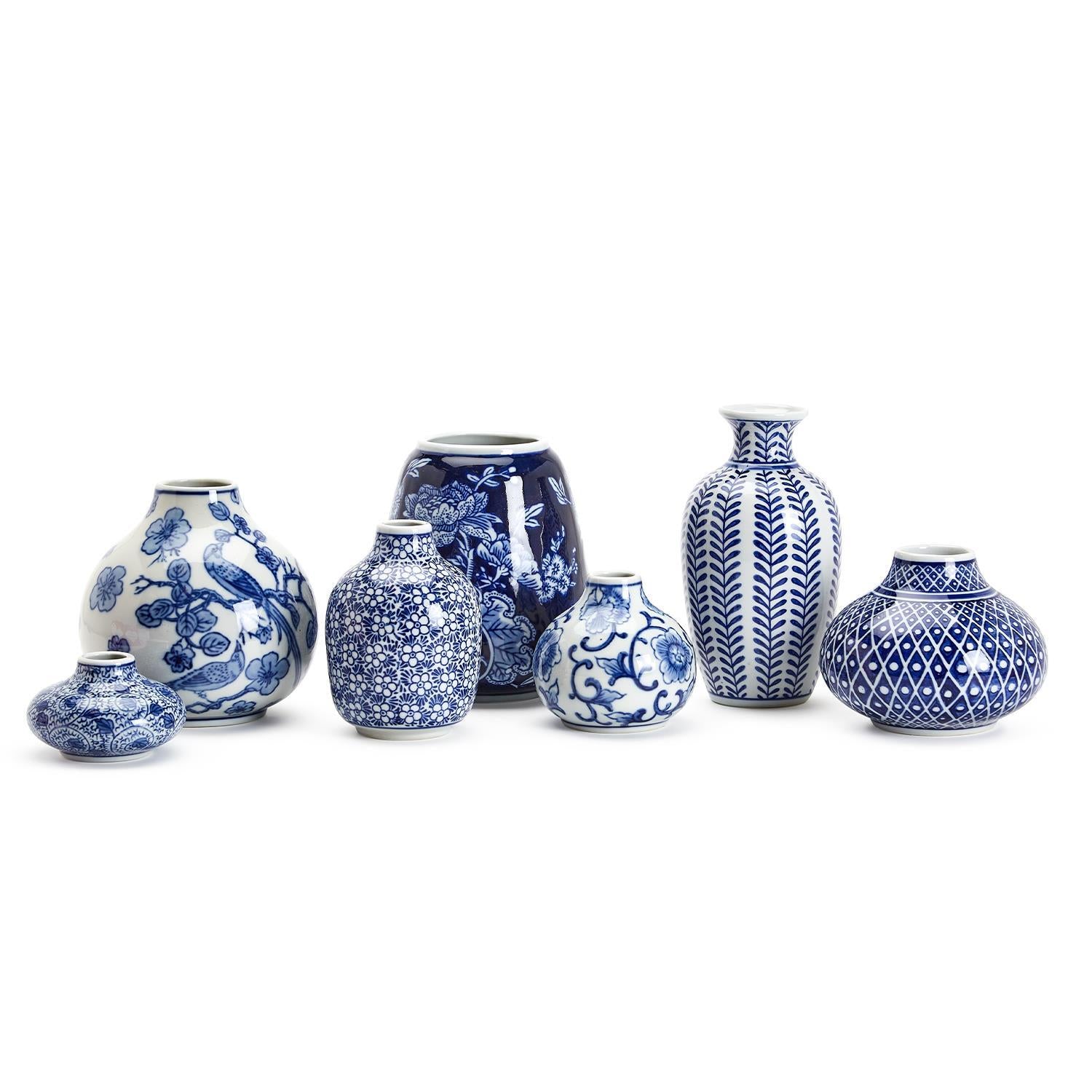 Blue and White Hand-Painted Vase Set of 7
