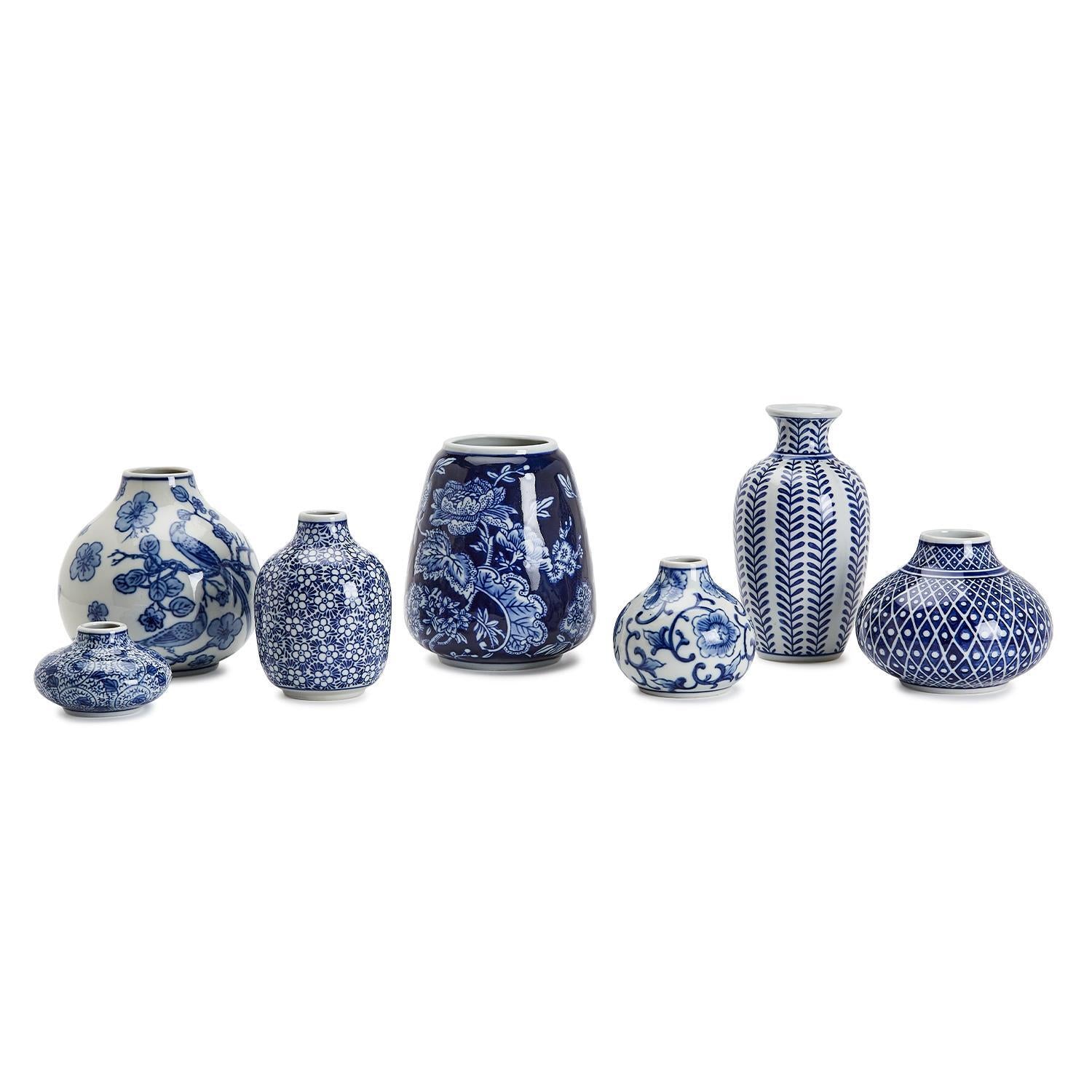 Blue and White Hand-Painted Vase Set of 7