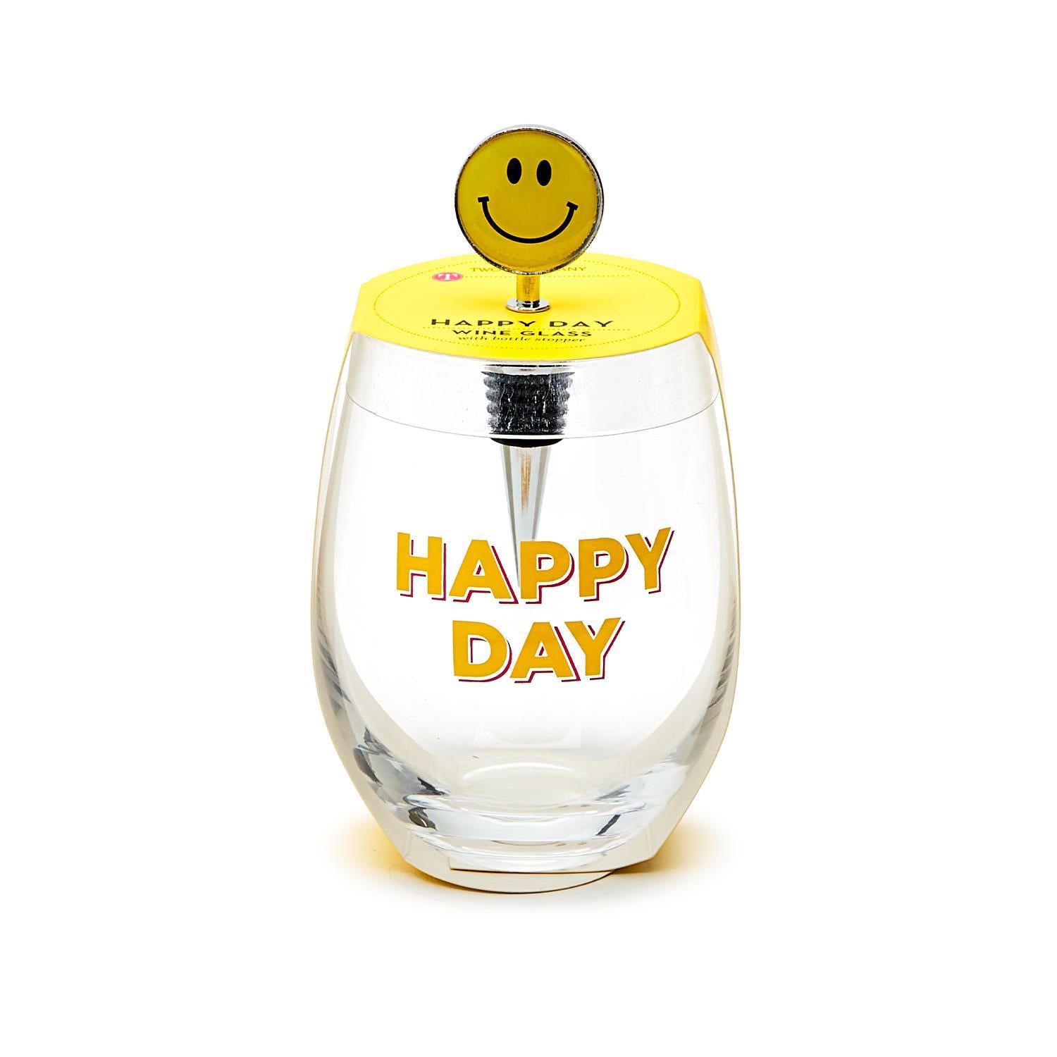 Happy Day Stemless Wine Glass & Wine Stopper Set