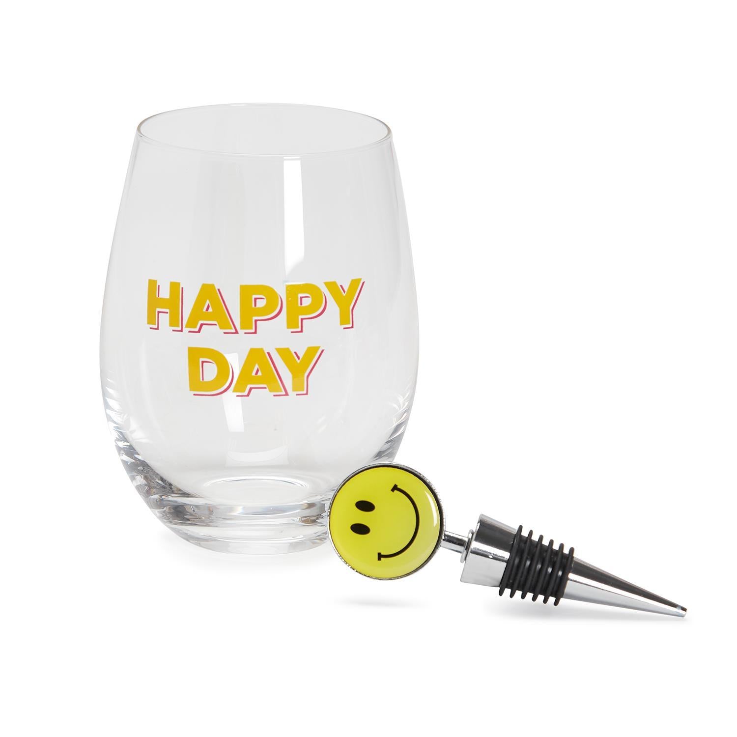 Happy Day Stemless Wine Glass & Wine Stopper Set