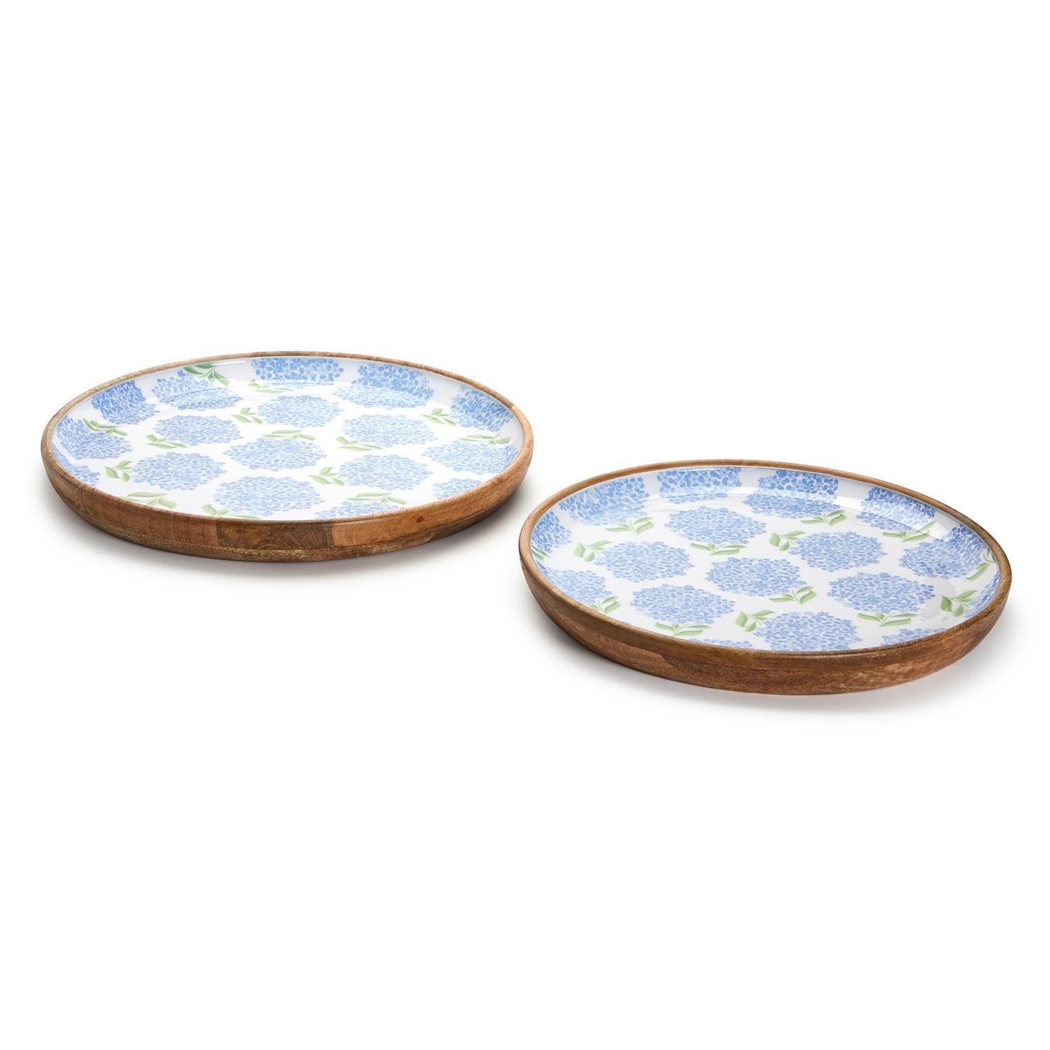 Hydrangea Wood Round Tray Set of 2