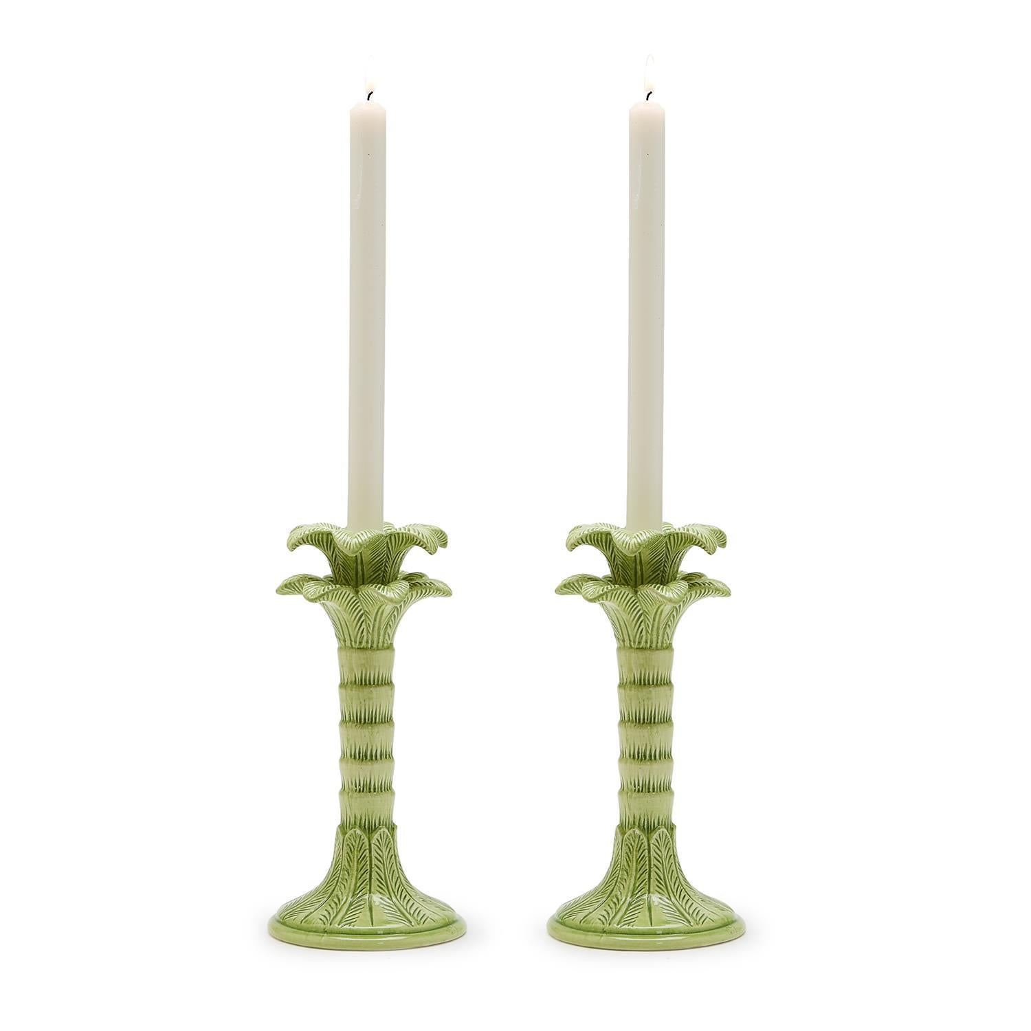 Green Palm Leaf Taper Candlestick Holder Set of 2