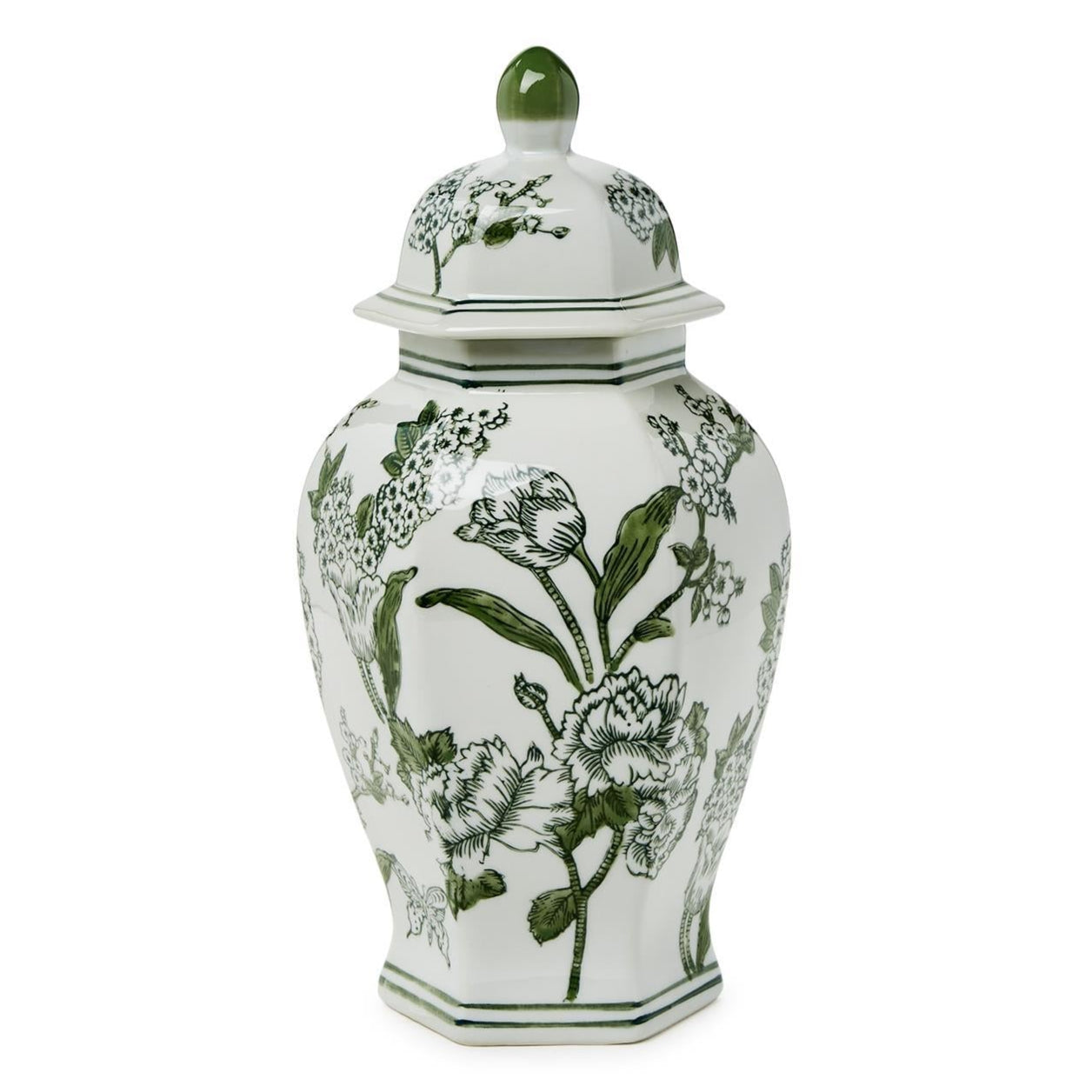 Chinoiserie Hexogonal Temple Jar with Lid