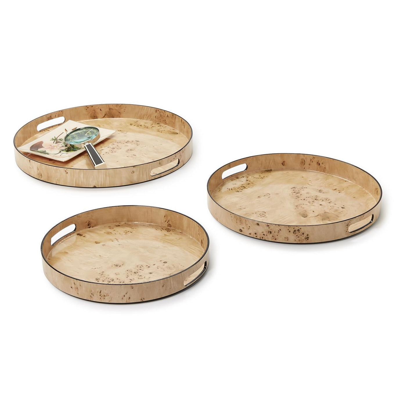 Burled Wood Pattern Round Tray Set of 3