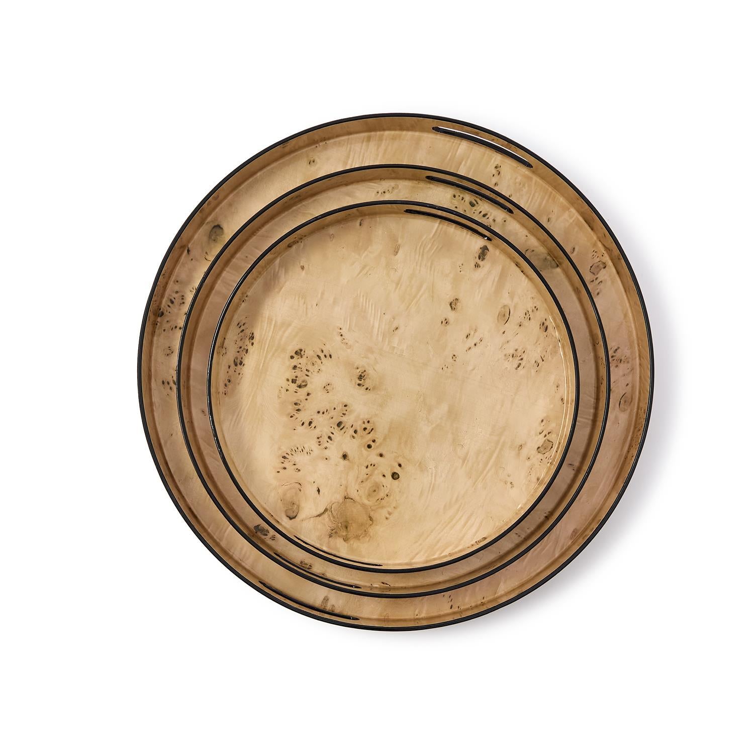 Burled Wood Pattern Round Tray Set of 3