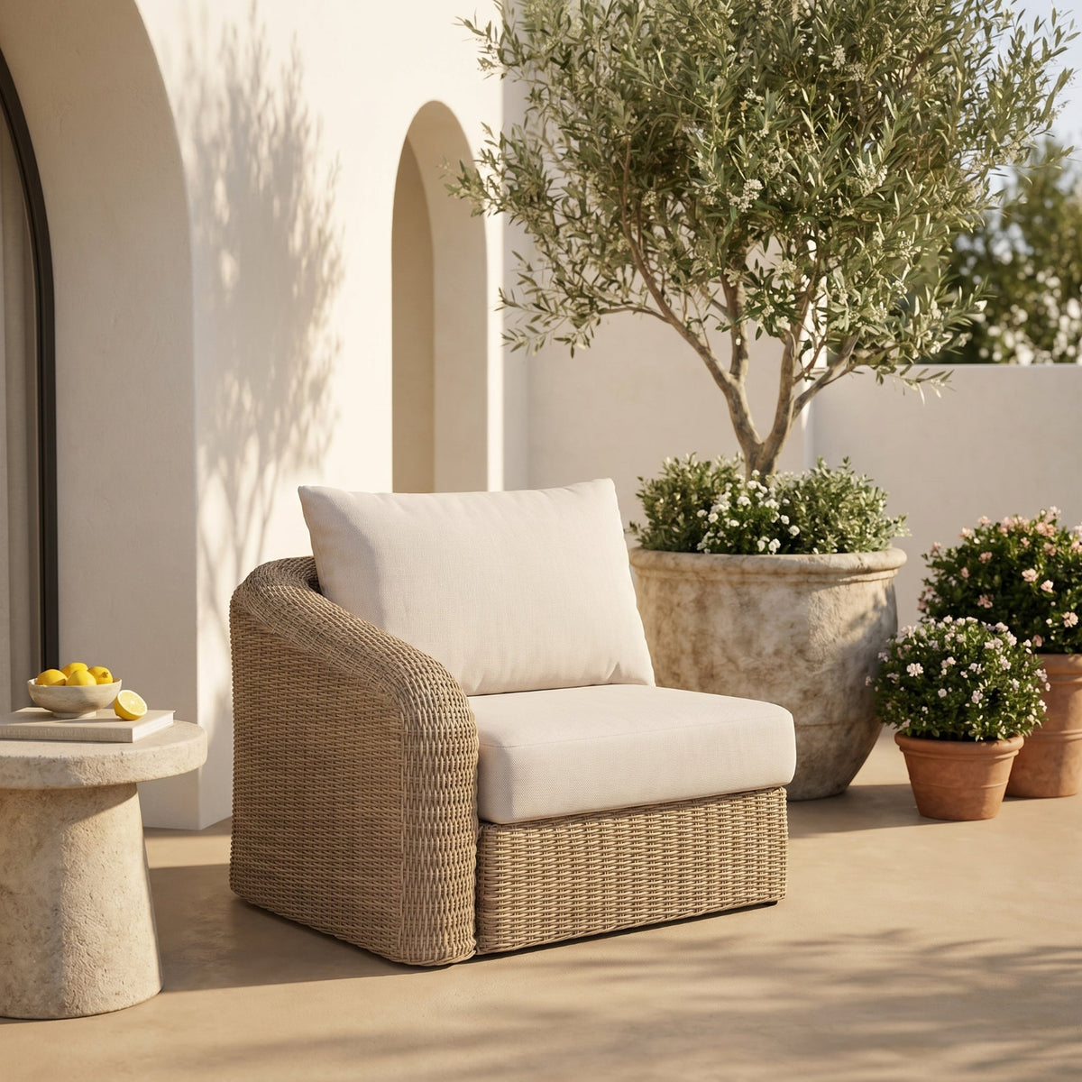 Seacrest Beige Olefin Water Resistant Fabric And Wicker Outdoor Patio Left Arm Chair