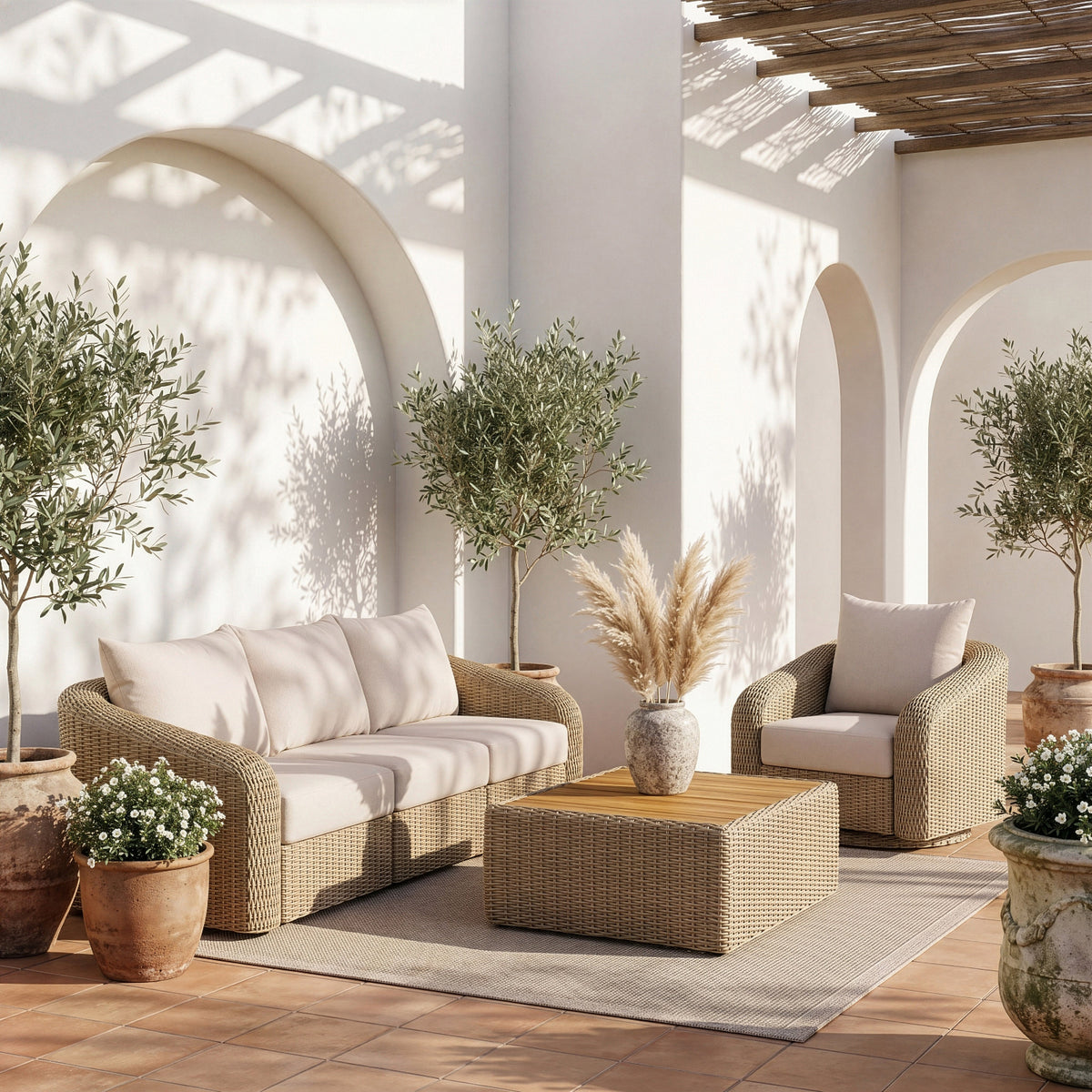 Seacrest 12025in Beige Olefin Water Resistant Fabric And Wicker 3 Piece Outdoor Patio Modular Sofa