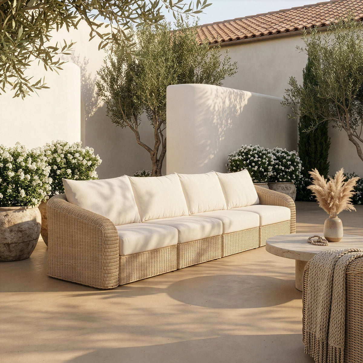 Seacrest 155.25in Beige Olefin Water Resistant Fabric And Wicker 4 Piece Outdoor Patio Modular Sofa