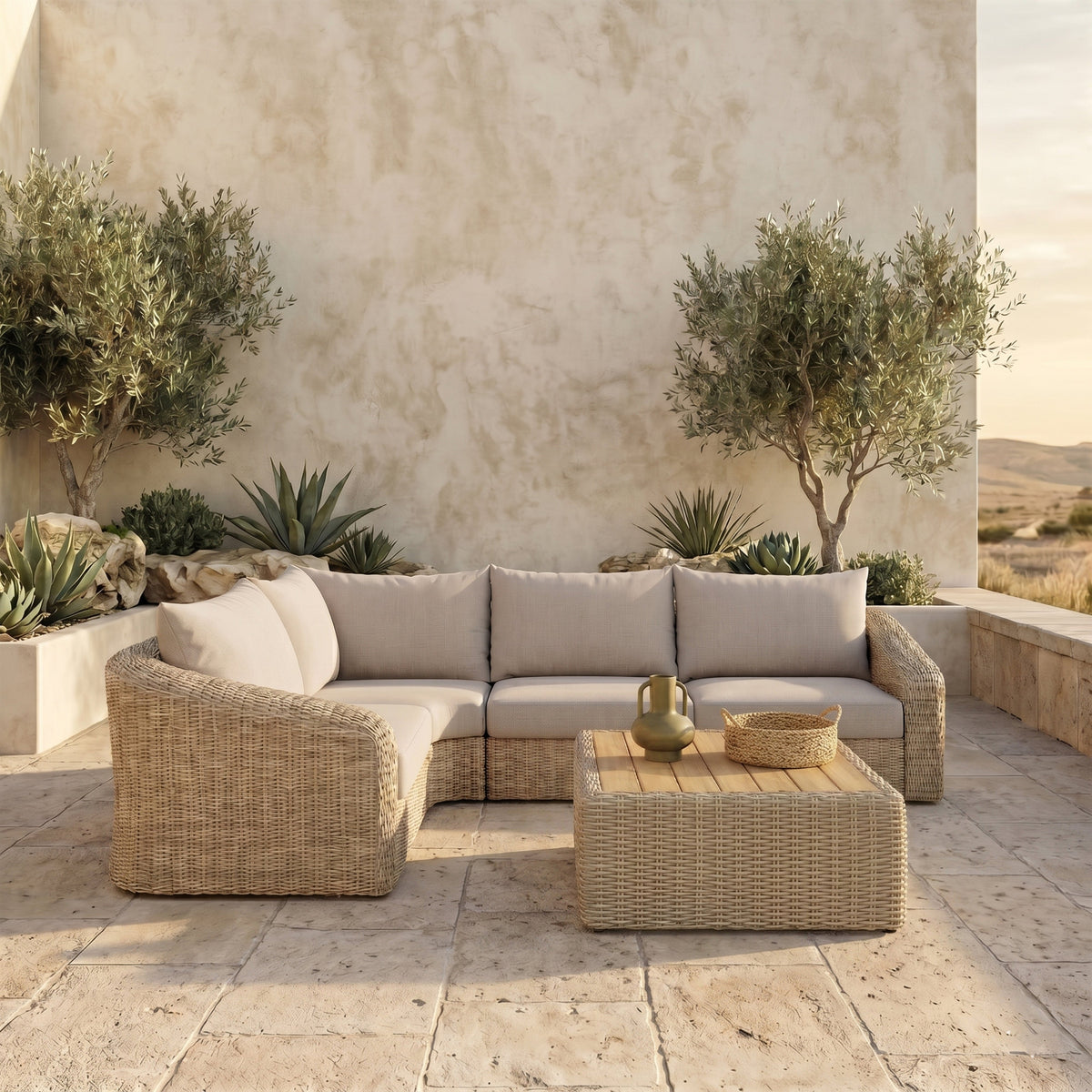 Seacrest 88.25in Beige Olefin Water Resistant Fabric And Wicker 4 Piece Outdoor Patio Modular Sectional Sofa
