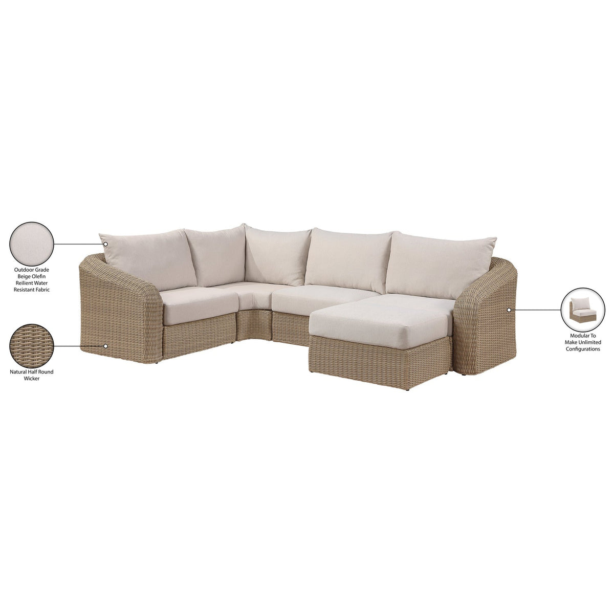 Seacrest 123.25in Beige Olefin Water Resistant Fabric And Wicker 5 Piece Outdoor Patio Modular Sectional Sofa