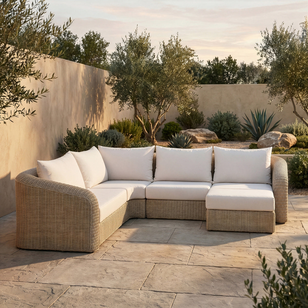 Seacrest 123.25in Beige Olefin Water Resistant Fabric And Wicker 5 Piece Outdoor Patio Modular Sectional Sofa