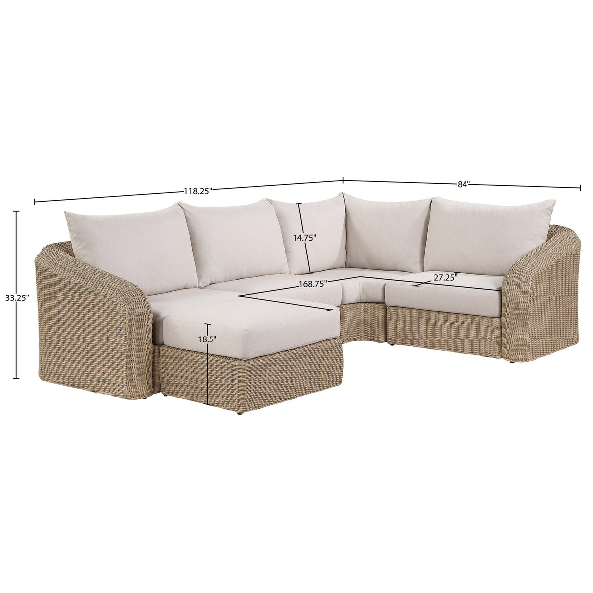 Seacrest 123.25in Beige Olefin Water Resistant Fabric And Wicker 5 Piece Outdoor Patio Modular Sectional Sofa