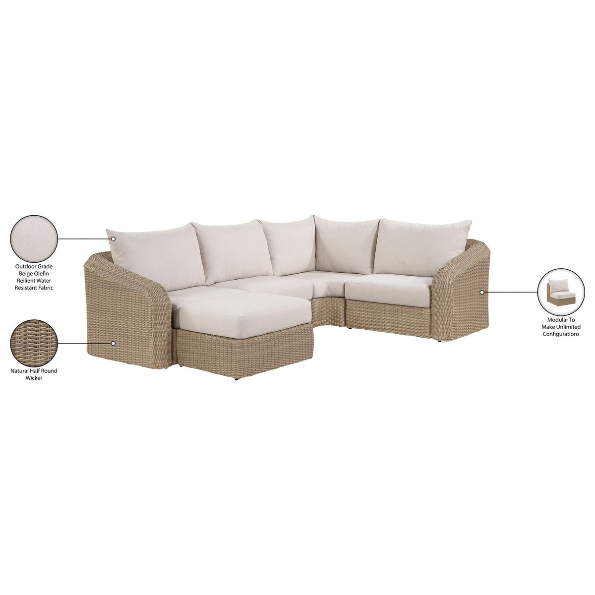 Seacrest 123.25in Beige Olefin Water Resistant Fabric And Wicker 5 Piece Outdoor Patio Modular Sectional Sofa