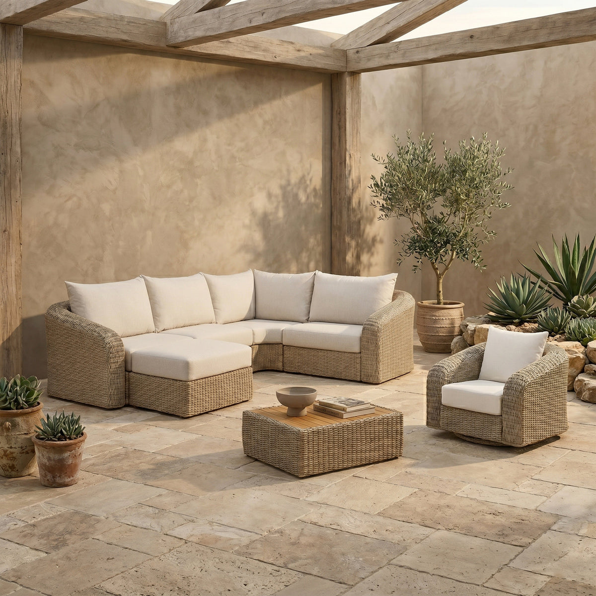 Seacrest 123.25in Beige Olefin Water Resistant Fabric And Wicker 5 Piece Outdoor Patio Modular Sectional Sofa