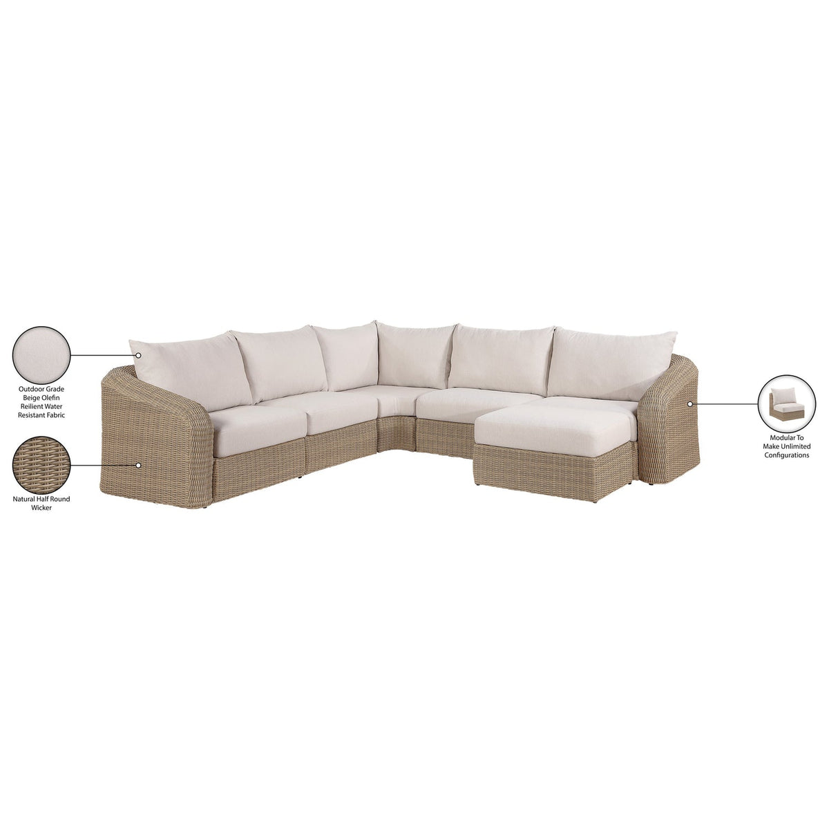 Seacrest 123.25in Beige Olefin Water Resistant Fabric And Wicker 6 Piece Outdoor Patio Modular Sectional Sofa