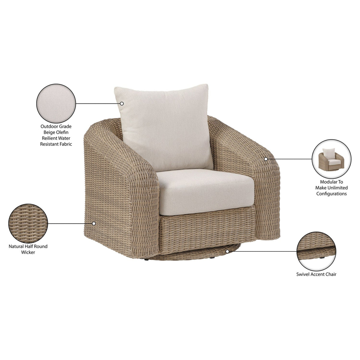 Seacrest Beige Olefin Water Resistant Fabric And Wicker Outdoor Patio Swivel Chair