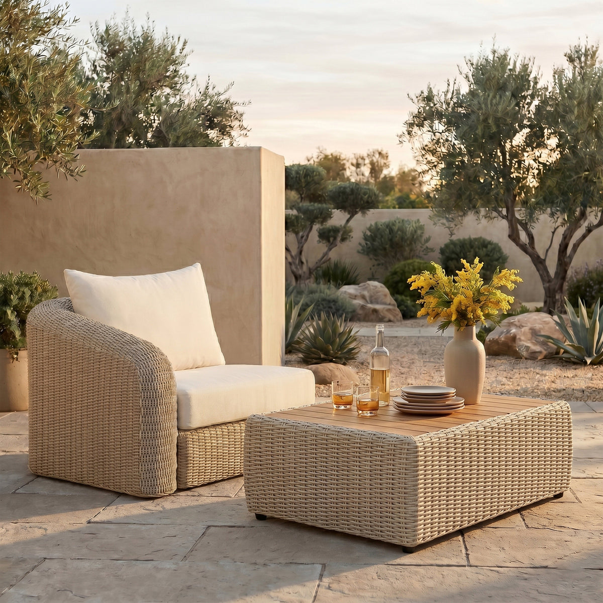Seacrest Cream Olefin Water Resistant Fabric And Wicker Outdoor Patio Left Arm Chair