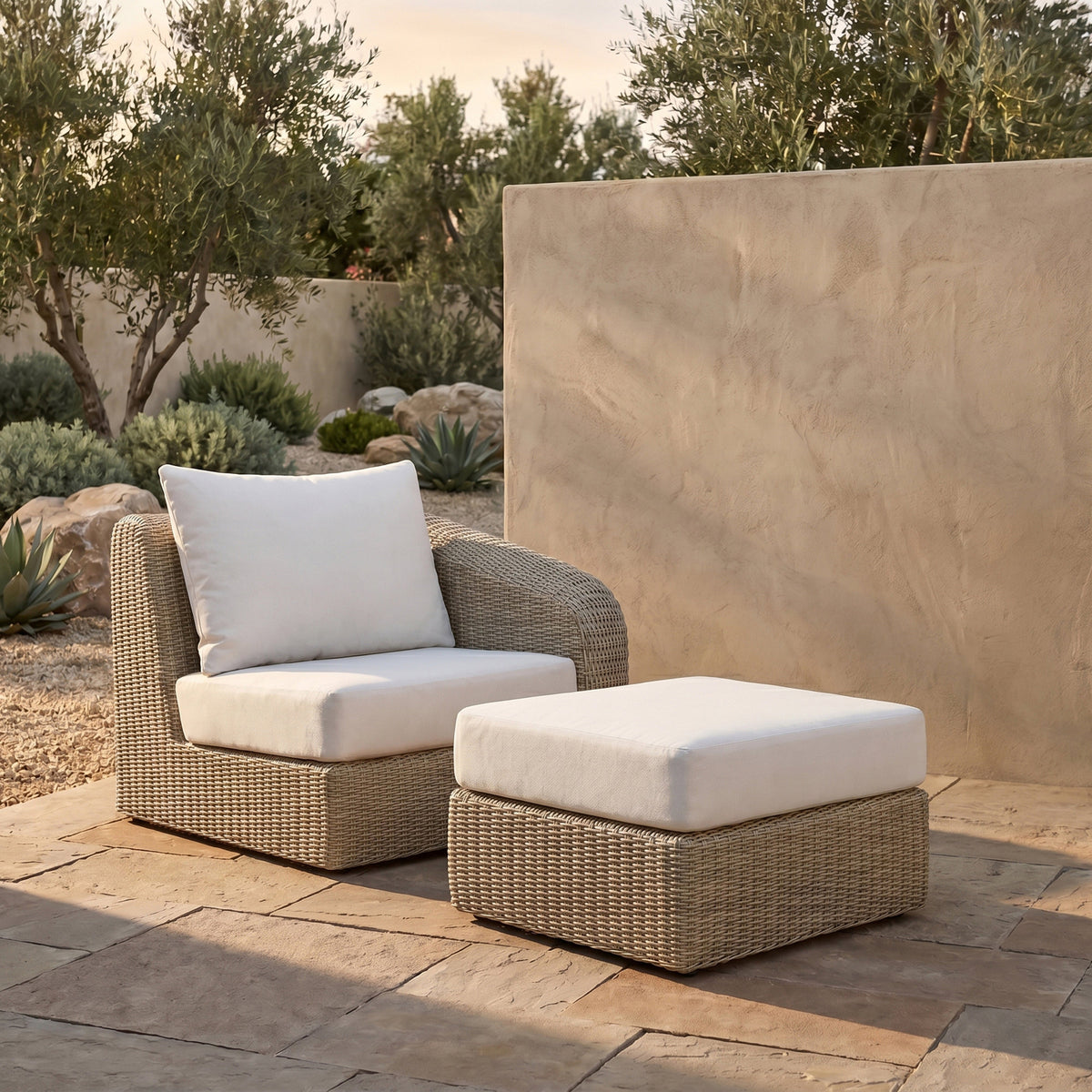 Seacrest Cream Olefin Water Resistant Fabric And Wicker Outdoor Patio Right Arm Chair