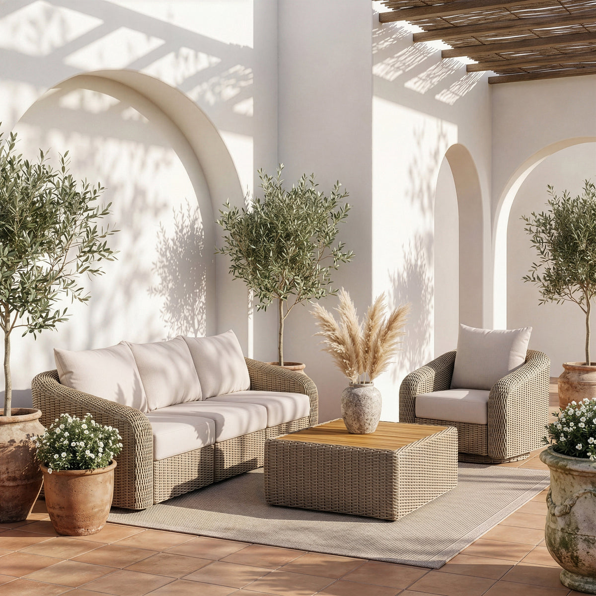 Seacrest 12025in Cream Olefin Water Resistant Fabric And Wicker 3 Piece Outdoor Patio Modular Sofa